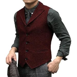Herenkostuums Vesten Tweed Vest Visgraat Kostuumvest Casual Formeel Zakelijk Vest Trouwvest voor Mannen Bordeaux XL