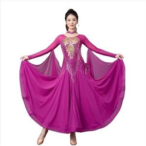 Yhsgscr Ballroomwedstrijdkleding met lange mouwen Banketjurk met pailletten Nationale standaard grote swingrok voor dames Professionele walsdanskleding,Purper,3XL