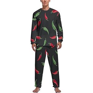 Rode en groene paprika's zachte heren pyjama set comfortabele loungewear top en broek met lange mouwen geschenken L