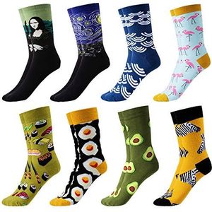 GuKKK Heren grappige kleurrijke sokken, 8 paar kleurrijke casual sokken met patroon, modieuze trendy crew-sokken voor heren, fun patroon sokken, zakelijke herensokken, Meerkleurig, One Size