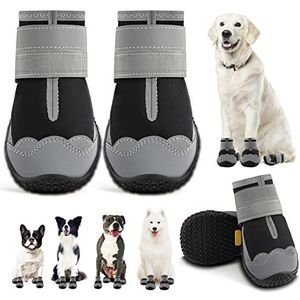 JZXOIVA Hondenschoenen voor grote honden laarzen, waterdichte hondenslofjes voor hardhouten vloeren, outdoor pootbeschermer met reflecterende strips voor hete bestrating winter sneeuw wandelen slofjes 4 stks/set