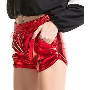 Zhiyao Yoga Hot Shorts voor dames, glanzende high-waist metallic, korte broek, PU-lederen shorts, elastische taille, shorts, glanzende shorts met elastiek, sprankelend warm trekkoord, booty dans, rood, XL