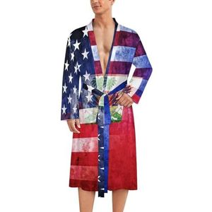 Vlag van VS en Haïti voor heren, zachte badjas, pyjama, nachtkleding, loungewear, ochtendjas met riem, L