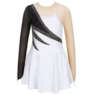 NUOYIXUAN Kunstschaatsjurk met strass lange mouwen voor meisjes, patchwork, ballet, gymnastiek, dans, body, show-kleding voor kinderen (wit C, 14)