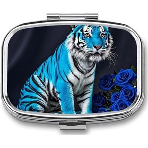 Blue Rose Tiger Pillenetui met 2 compartimenten, pillenorganizer, draagbare vierkante pillendoos, vitaminepillenorganizer voor zakportemonnee en reizen