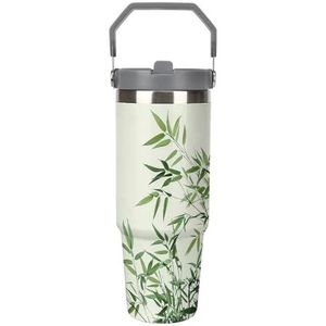 30 oz roestvrij staal geïsoleerde beker met klapdeksel en rietje, lekvrije reismok voor auto, verse en natuurlijke boom, dubbelwandige vacuüm thermische koffiekop met handvat, morsbestendig ontwerp