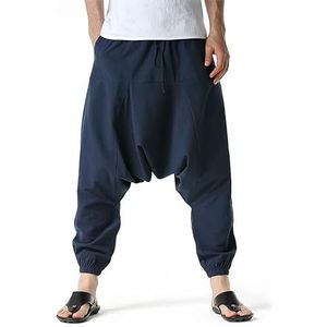 Heren Hippie Baggy Genie Boho Yoga Harembroek Katoen Lage Drop Kruis Joggers Joggingbroek, marineblauw, L