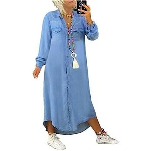 Zomerjurk Voor Dames,Dames Denim Jurk Wash Faded Lange Mouwen V-Hals Casual Jurk Herfst Losse Button Down Shirt Jurk Vintage Verontruste Jean Maxi-Jurk Grote Maten Boho Kaftan-Jurken,Light Blue,3Xl
