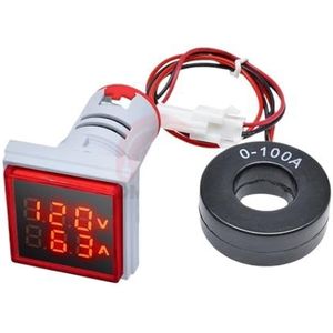 SABTOFNIV 22 mm vierkante LED digitale dubbele display ampèremeter voltmeter AC 60-500V 0-100A spanningsmeter stroommeter led modules indicatielampje (kleur: rood)