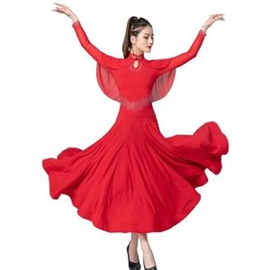 FZHQNZJF Dames Nationale Standaard Concurrentie Jurk Wals Flamenco Danskleding Lange Mouw Foxtrot Tango Dans Uitrusten Glanzend Danskostuum voor Salsa Feest,Rood,L