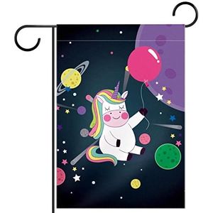 Leuke ruimteballon eenhoorn Tuinvlag 12x18 inch,Kleine tuinvlaggen dubbelzijdig verticale banner buitendecoratie