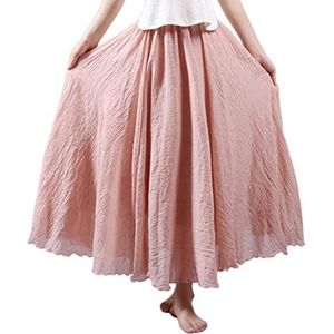 COTCLO Emmer hoed Vrouwen Linnen Katoen Lange Rokken Elastische Taille Geplooide Maxi Rokken Strand Vintage Zomer Rokken, roze, M