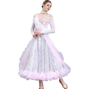 Yhsgscr Professionele Ballroom Danswedstrijdjurken Sociale danskleding met pailletten Dames flamenco wals grote A-lijn rok Borduurwerk foxtrot danskleding,Roze,3XL