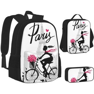 SUHNGE Leuke Huilende Kettingzaag Print Rugzakken Combinatie 3 in 1 Set Boekentas en Lunchbox en Potlood Pouch Verstelbare, Parijs Eiffeltoren Meisje Fiets, Eén maat