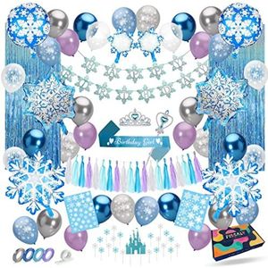 Fissaly® 77 Stuks Frozen Thema Verjaardag Decoratie Versiering – Feestpakket met ballonnen, taart decoratie, slingers, vlaggenlijn - Kinderfeestje Meisje - Elsa, Anna, Olaf - NL