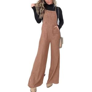 CupitiDU Denim overalls met wijde pijpen voor dames, zomer, casual, losse pasvorm, verstelbare riem, comfortabele jeans-overalls met zakken (bruin, 3XL)