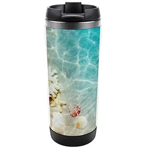 Zeester koraal en zeeschelp op het strand grappige koffiekop reismok theemokken met lekvrij deksel voor warme en koude dranken