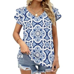 Arabesque Prachtige Wit Blauw Grafische Blouse Top Voor Vrouwen V-hals Tuniek Top Korte Mouw Volant T-shirt Grappig