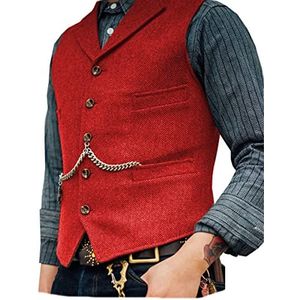 AeoTeokey Klassieke Mens Wol Tweed Pak Vest Casual Mouwloze Jas Visgraat Vest voor Smoking, Rood, L