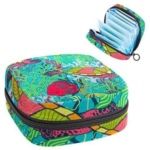 Periode Pouch Draagbare Tampon Opbergtas,Tampon Houder voor Portemonnee Vrouwelijke Product Organizer,Zeewier Planten Groene Zee Schildpadden Vis, Meerkleurig, 4.7x6.6x6.6 in/12x17x17 cm