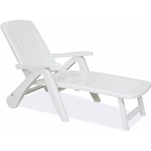 Tomaino - Zonneligstoel van kunststof voor de tuin, kantelbare rugleuning, inklapbaar met wielen, camping, strand, zwembad, voor buiten (wit)