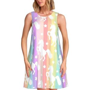 CKGODGF Eenhoorns op kleurrijke strepen print charmante dames mouwloze knielange jurk met zakken voor feesten en vakanties, Zwart, S