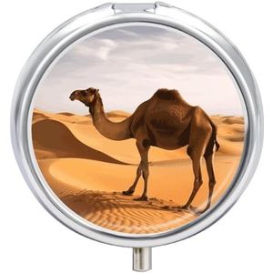 Woestijnzand kameel pillendoosje 3 compartimenten reisgeneeskunde pillenorganisator 3x per dag draagbare vitamine-organizer met spiegel kleine pillendoos voor portemonnee en zak, schattige dagelijkse