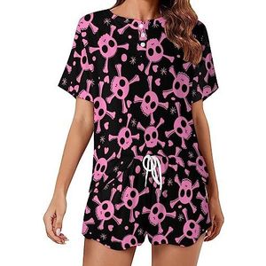 Roze schedel mode 2 stuks dames pyjama sets korte mouw nachtkleding zachte loungewear stijl-21