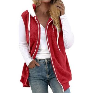 Fleece dames winter - bontvest mouwloos fleece vest middellang overgangsvest grote maten pluche vest verdikt warm gewatteerd vest capuchon teddyvest kleurblok sportvest sportief outdoorvest, rood, 3XL