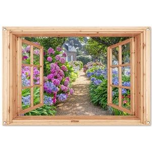 MuchoWow© Tuinposter Groot 120x80 cm XXL Balkon Tuindecoratie Poster Garden Outdoor Posters Tuin Decoratie Buiten - Tuinposters Voor Buiten - Hortensia - Doorkijk - Bloemen - Paars - Natuur - Raam