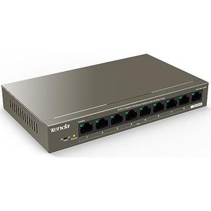 Tenda TEG1109P-8-102W PoE Gigabit Switch, 9 aansluitingen 10/100/1000 Mbit/s, 8 PoE-aansluitingen 102W, IEEE 802.3 af/at, overbelastingsbeveiliging, geen configuratie nodig, behuizing in Ethall