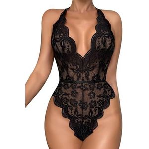 Dlsave Sexy lingerie voor dames, diepe V-hals, kanten bodysuit voor bruidslingerie, blote rug, eendelig teddy bodysuit, tops, bruiloft, A2-zwart, M