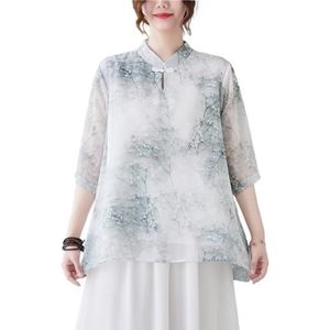 Vrouwen Retro Etnische Stijl Bloemen Bedrukt Shirt Top Chinese Stijl Traditionele Hanfu Blouse Zomer Los Flowy Shirt(Color:Light green,Size:XXL)