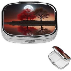 Kleine pillenetui 2 compartimenten, rode boom meer maan pillendoos dagelijkse metalen draagbare pillenorganizer voor zakportemonnee, pillendoos met spiegel, vierkant, medicijnvitaminehouder, uniek