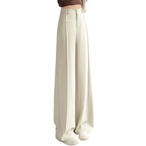 Dames Straight Suit Pant Palazzo Elastische High Waisted Casual Business Wijde Pijpen Broek Met Zakken,Wit,L