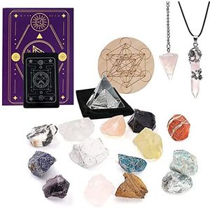 Soulnioi 18 stuks natuurlijke kristallen en helende stenen kits: rauwe chakra stenen, rozenkwarts ketting en slinger, kristallen piramide, voor wicca beginners Reiki yoga meditatie