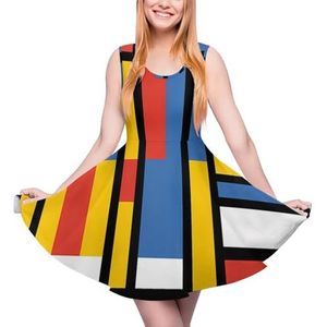 Zwart Bauhaus Abstracte Moderne Mondriaan Stijl Blauw Geometrische Dames Zomerjurk Ronde Hals Mouwloze Tankjurk Mini Jurk 2XL