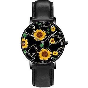 Gouden Zonnebloemen Persoonlijkheid Business Casual Horloges Mannen Vrouwen Quartz Analoge Horloges, Zwart