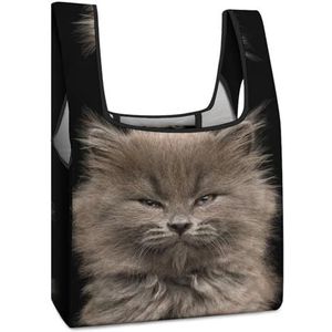 Portret van Grijze Kitten Herbruikbare het Winkelen Zakken Opvouwbare Boodschappentassen Grote Vouwen Up Tote Bag met Lange Handvatten