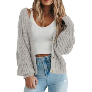 UPPJPBSW Dames Chunky Knit Trendy Casual Lantaarn Cardigans Trui Lange Mouw Open Voor Knopen Gebreide Bovenkleding Jassen,Grijs,3X Large