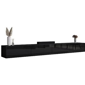 Planetmöbel TV Board 280 cm zwart, tv-kast met 4 kleppen als opbergruimte, lowboard hangend of staand, dressoir woonkamer