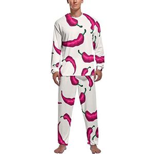Rode Chili Hot Pepper Zachte Heren Pyjama Set Comfortabele Lange Mouw Loungewear Top En Broek Geschenken 2XL