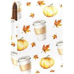 Herfstbladeren en pompoen draagbare lippenstift case voor reizen, Mini lippenstift opbergdoos met spiegel voor dames dames, lederen cosmetische etui, Meerkleurig, 9.5x2x7 cm/3.7x0.8x2.7 in