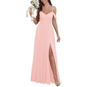 KURFACE Bruidsmeisjesjurken met blote schouders voor dames, met split en V-hals, chiffon, formele avondjurk, Blush Roze, 38