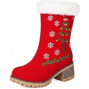 WDUDSUDUW Kerstlaarzen voor dames, suède dikke hak, platform, kort pluche, strik, ritssluiting aan de zijkant., C Rood, 41.5 EU