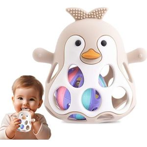 Farout Pinguïn rammelaar, bijtring baby & Montessori speelgoed, oball motoriekspeelgoed, babyspeelgoed voor babyspeelgoed vanaf 3 maanden, cadeau voor jongens en meisjes (beige)