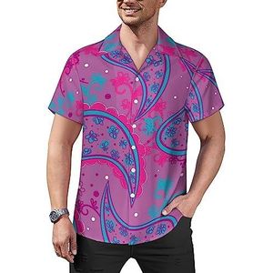 Paisley Paars Patroon Heren Casual Button-Down Shirts Korte Mouw Cubaanse Kraag Tees Tops Hawaiiaans T-shirt M