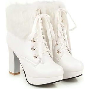 2023 Nieuwe Enkellaarsjes Met Pluche Revers Elegante Enkellaarsjes for Dames Met Blokhak Platform Veterlaarzen Winter Korte Snowboots Warme Pluche Enkelschoenen for Buiten, Feest (Color : White, Siz