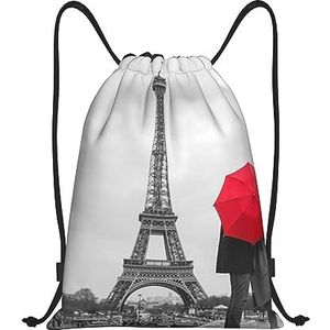 BTCOWZRV Trekkoord Rugzak Vintage Eiffeltoren Print Waterdichte String Tas Verstelbare Gym Sport Sackpack, Zwart, Medium