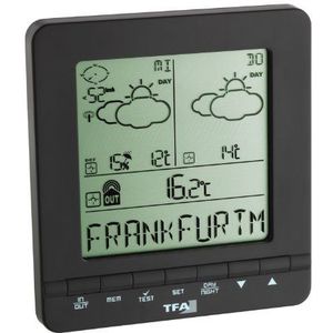 TFA Dostmann Meteotime Easy weer-info center, professionele weersvoorspelling, tekstdisplay met kritische weersomstandigheden, kans op regen, windsterkte, binnen- en buitentemperatuur
